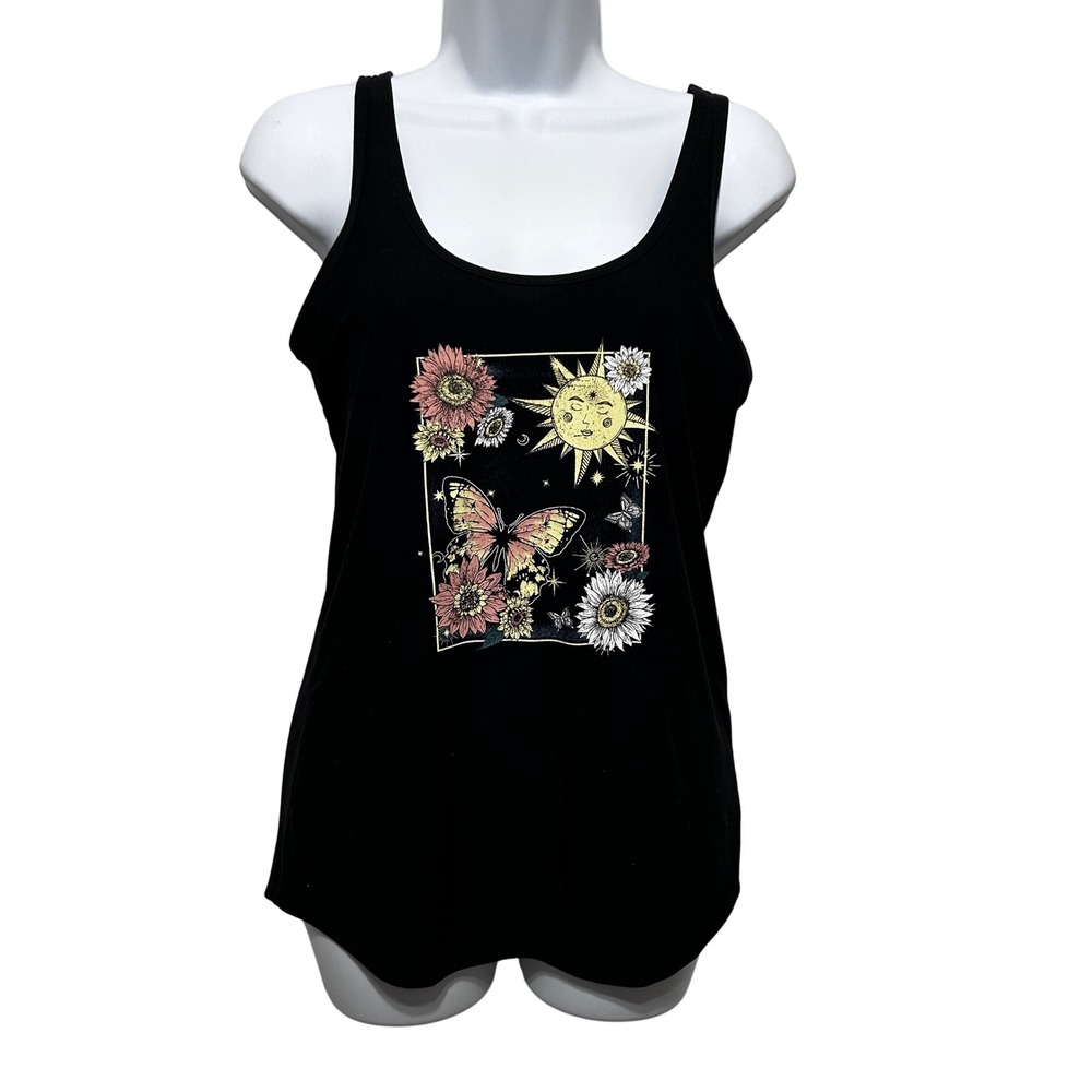 No Boundaries Juniors Tank Top L Black‎ Celestial Butterfly Sun Moon Y2K Fairy